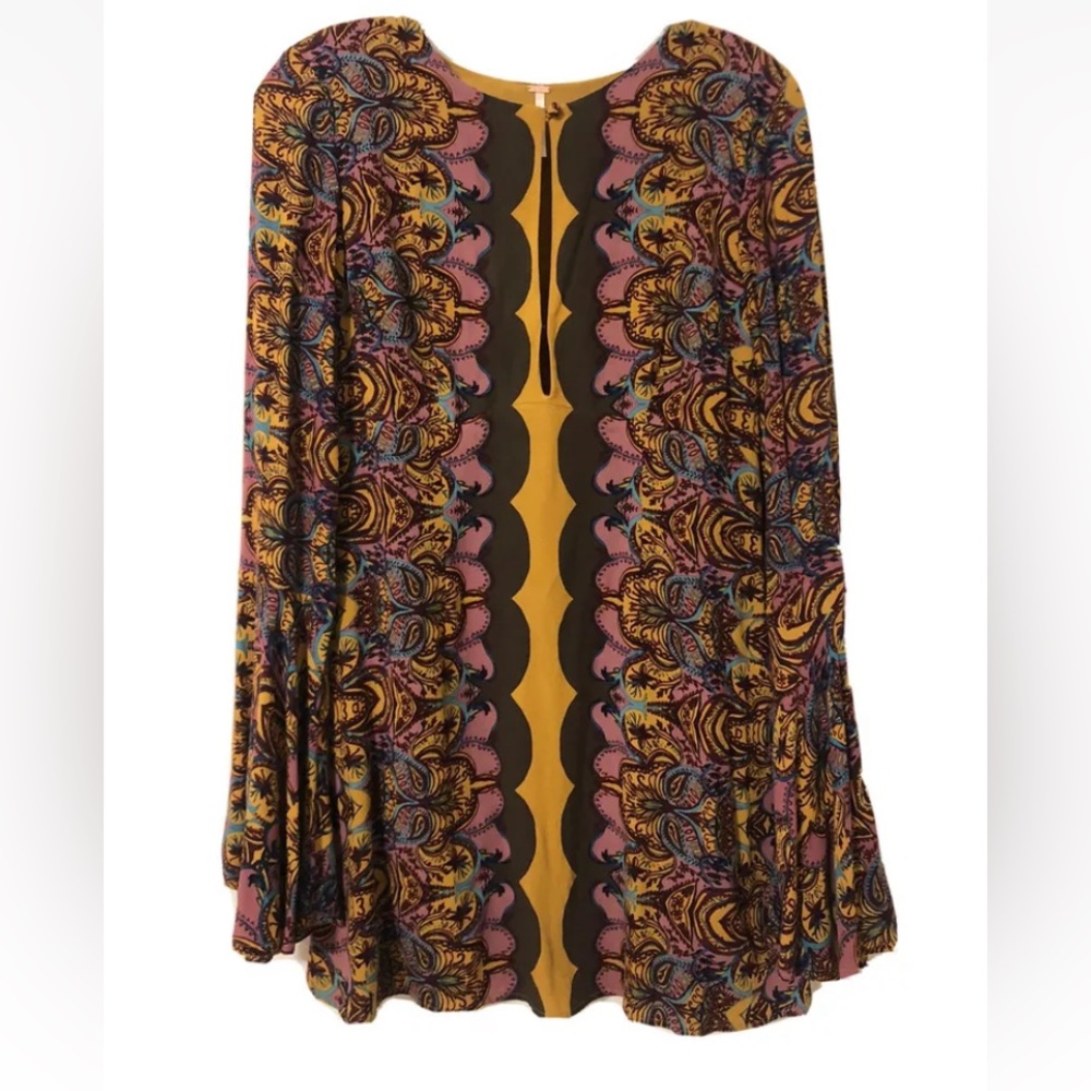 FREE PEOPLE Bell Sleeve Mixed Print Tunic Dress Boho, Size 2